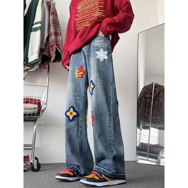 Amozae-High Street Retro Flower Embroidery Jeans For Men Hiphop Loose Petal Patch Wide Leg Pants y2k Clothes High Quality Pantalones