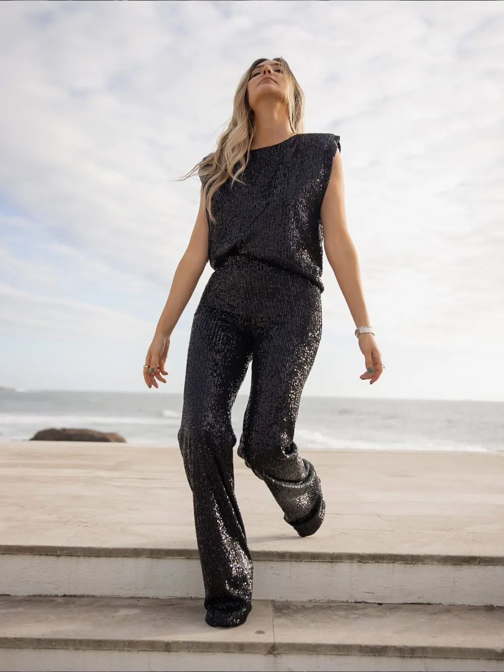 Sparkling Black Sequin Pants