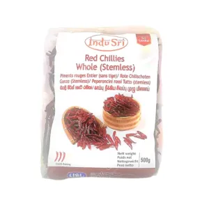 Indu Sri Red Chillies Whole | Stemless | Medium, 500g