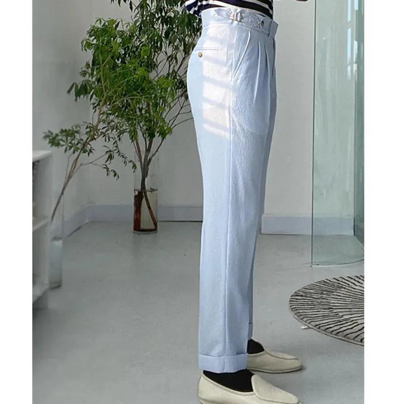 Wiaofellas  -  Sky Blue Seersucker High Waist Straight Pants British Petty Bourgeoisie Blue Stripe Italian Casual Trouser Men Pantalones Hombre