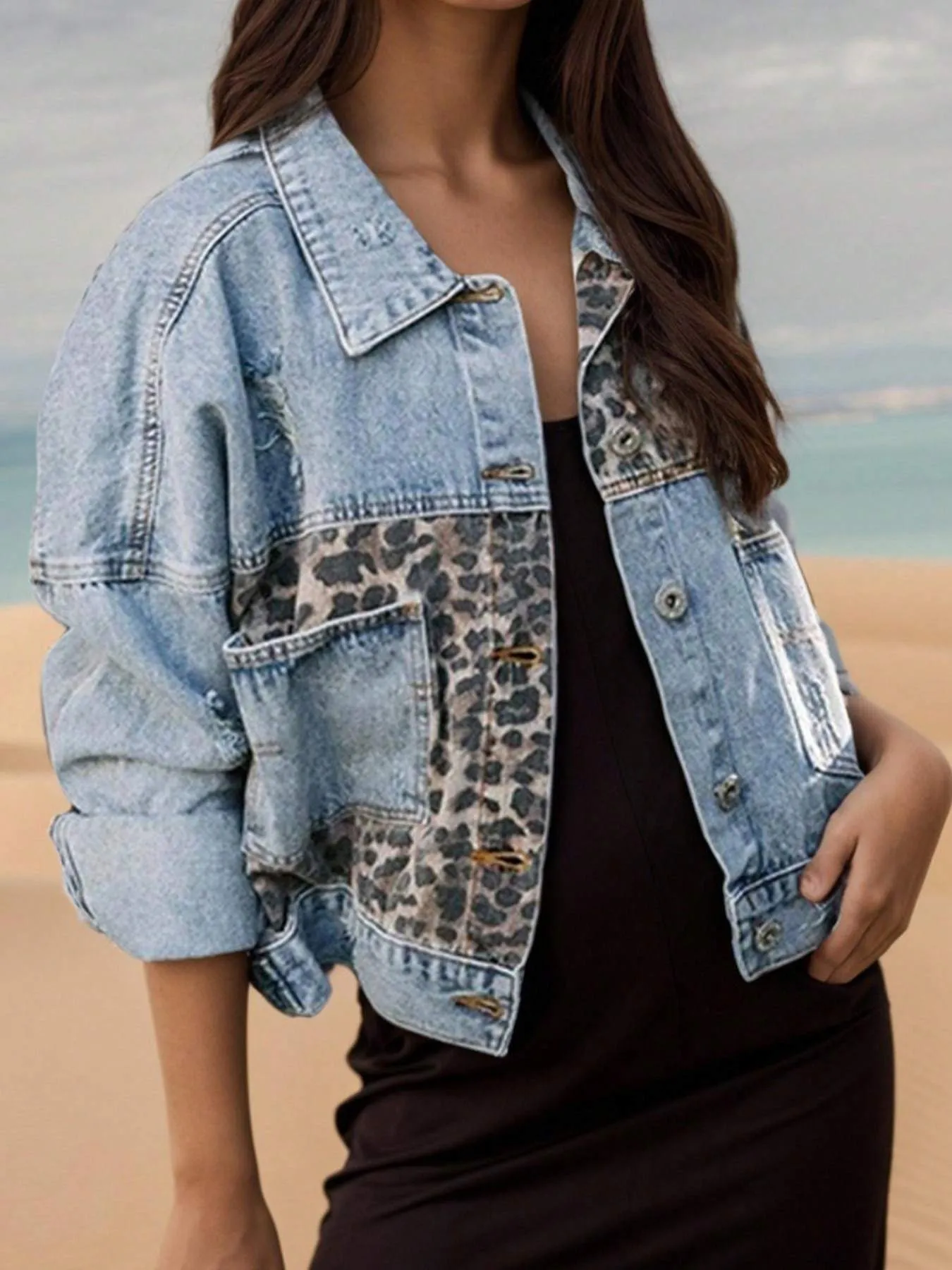 Women's Washed Blue Long Sleeved Denim Jacket, Worn Denim Jacket, Leopard Print Patchwork Short Jacket Top, Women's Clothing